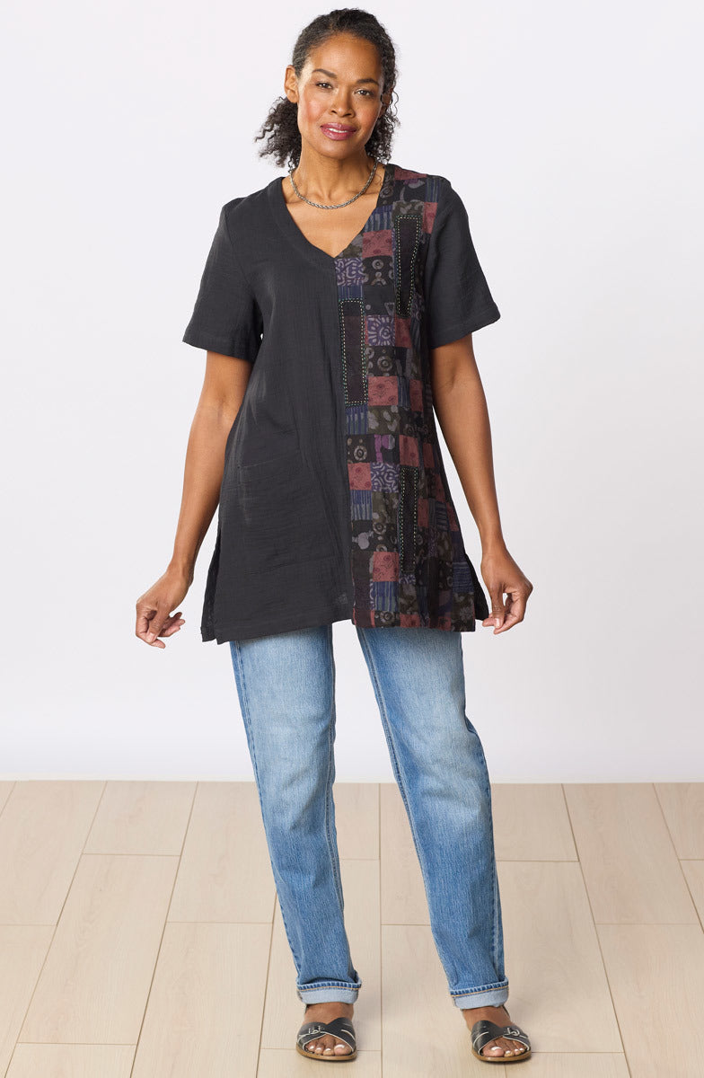 Rushila Upcycled Patchwork V-neck Tunic - Black/Chindi