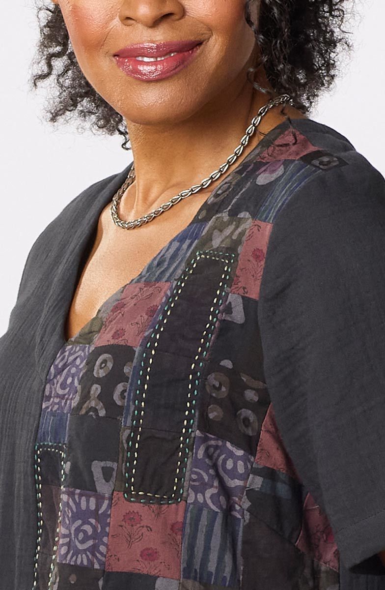 Rushila Upcycled Patchwork V-neck Tunic - Black/Chindi