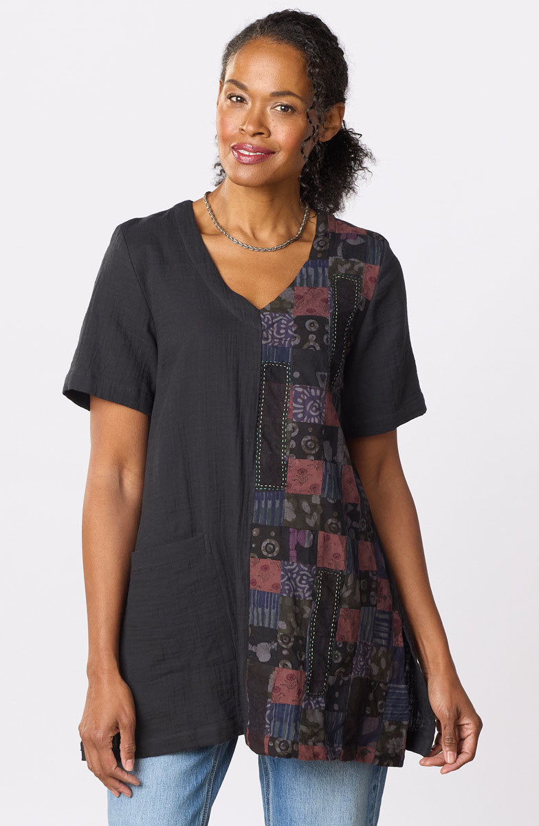 Rushila Upcycled Patchwork V-neck Tunic - Black/Chindi
