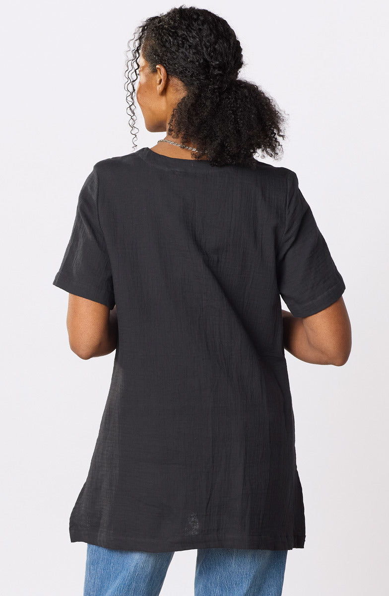 Rushila Upcycled Patchwork V-neck Tunic - Black/Chindi