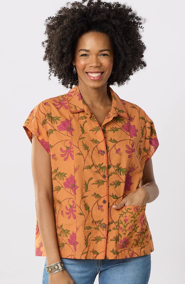 Radha Organic Cotton Button-Down Top - Honey/Multi