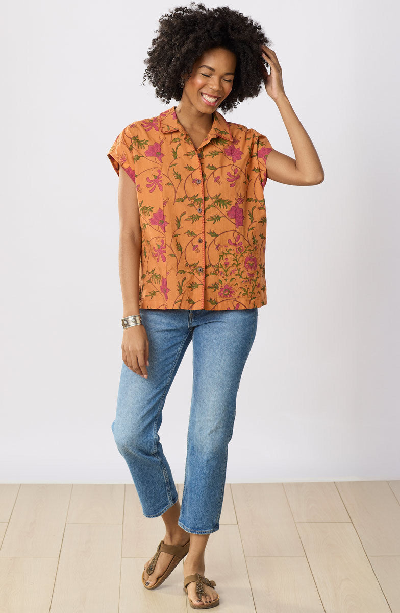 Radha Organic Cotton Button-Down Top - Honey/Multi