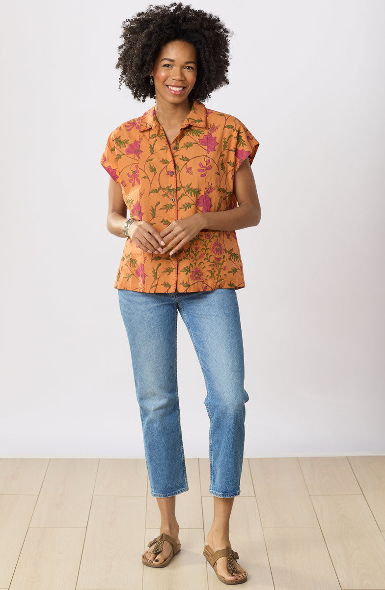 Radha Organic Cotton Button-Down Top - Honey/Multi