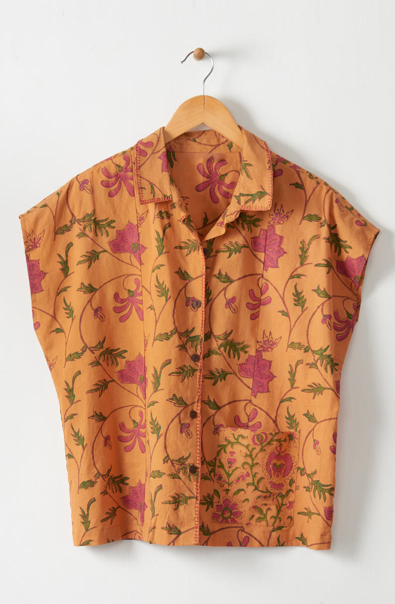 Radha Organic Cotton Button-Down Top - Honey/Multi