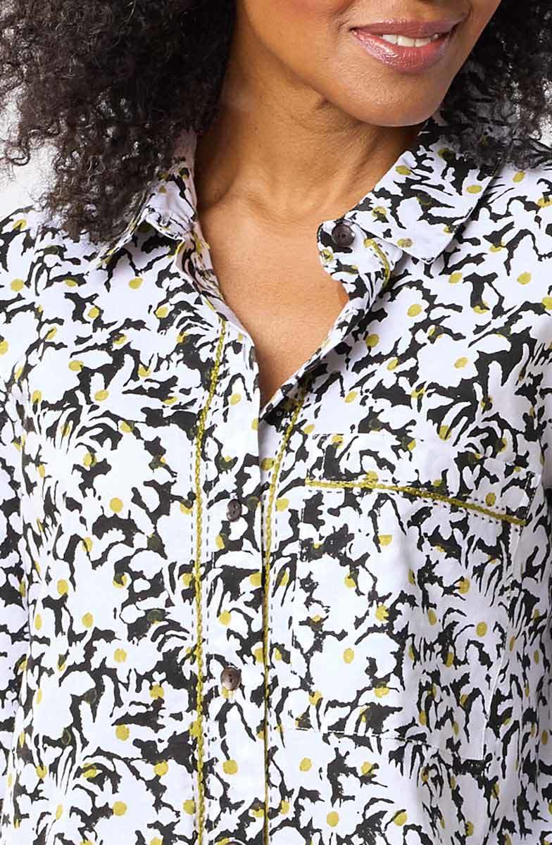 Aashna Organic Cotton High-Low Hem Button-Down Shirt - White/Black