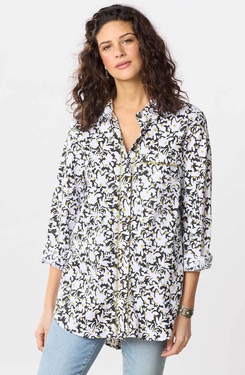 Aashna Organic Cotton High-Low Hem Button-Down Shirt - White/Black