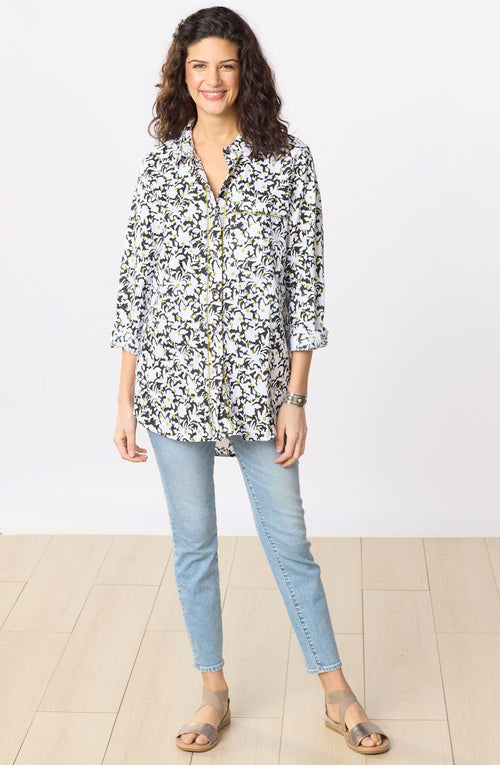 Aashna Organic Cotton High-Low Hem Button-Down Shirt - White/Black