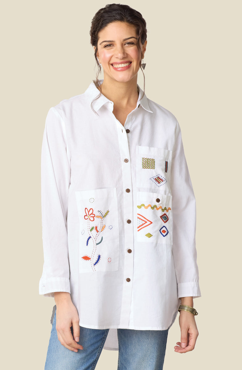 Aashna Organic Cotton High-Low Hem Button-Down Shirt - White