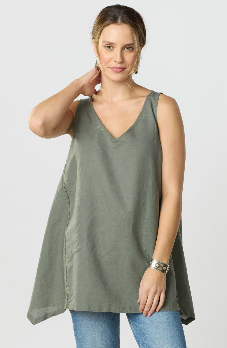 Vashi Linen Cotton Handkerchief Hem Tank - Herb
