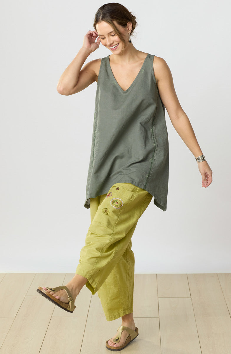 Vashi Linen Cotton Handkerchief Hem Tank - Herb