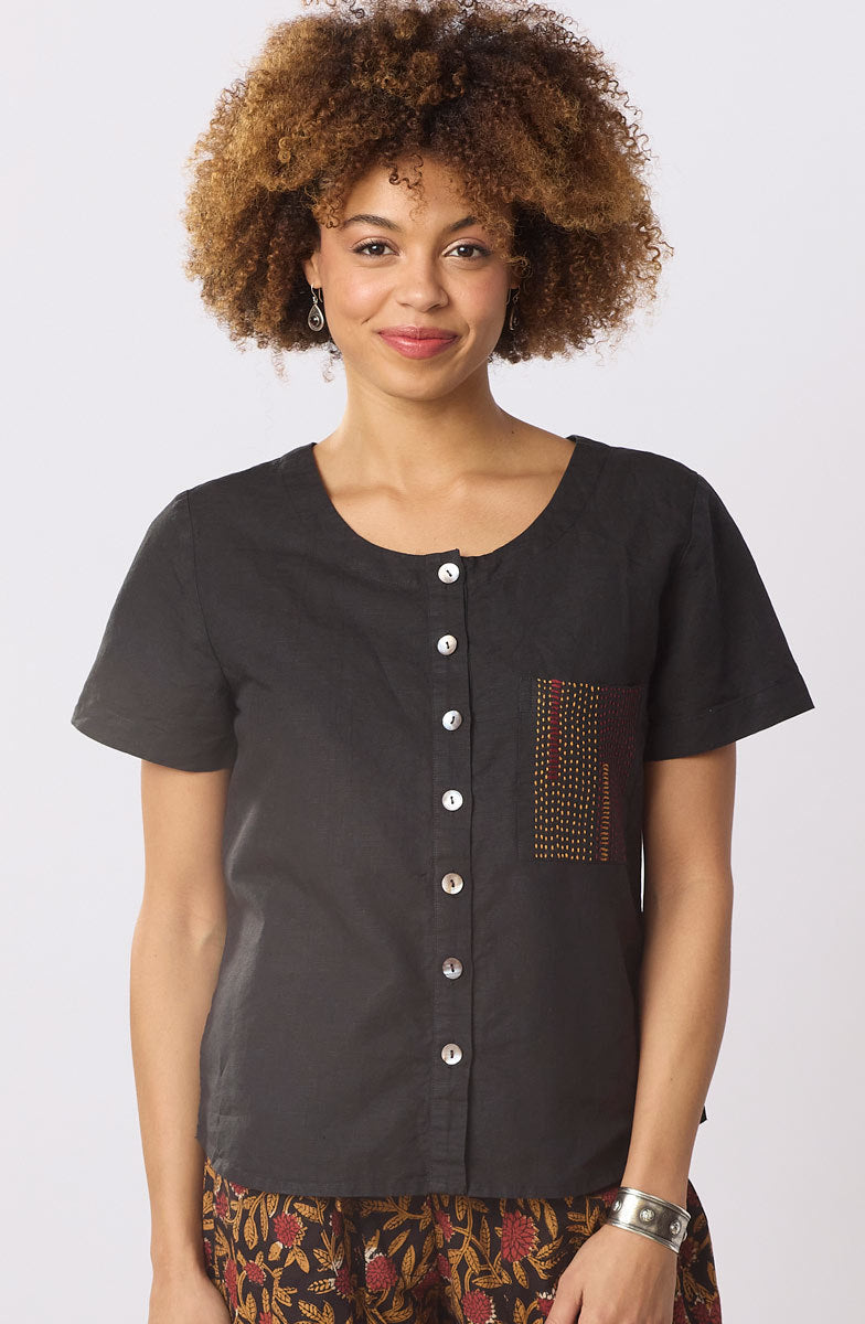 Meera Linen Cotton Short-Sleeve Button-Down Top - Black
