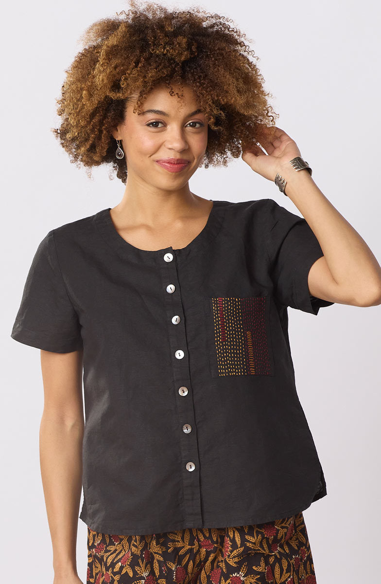 Meera Linen Cotton Short-Sleeve Button-Down Top - Black