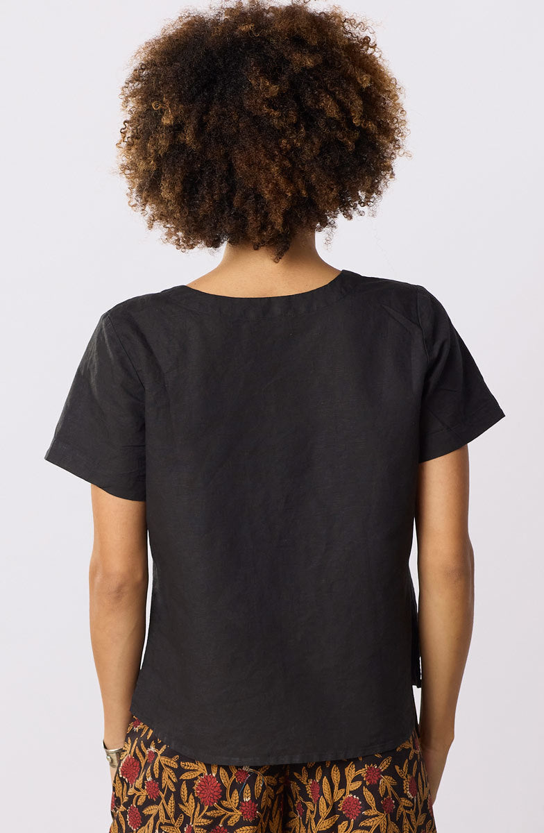Meera Linen Cotton Short-Sleeve Button-Down Top - Black