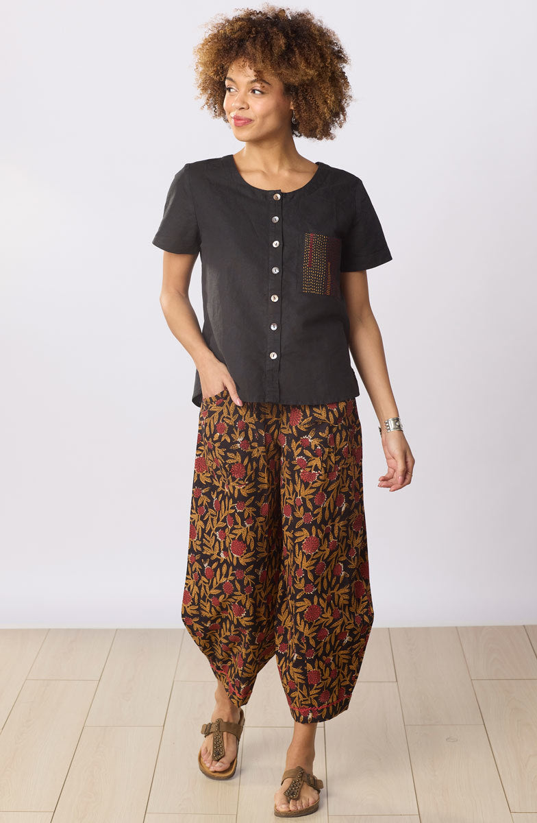 Meera Linen Cotton Short-Sleeve Button-Down Top - Black