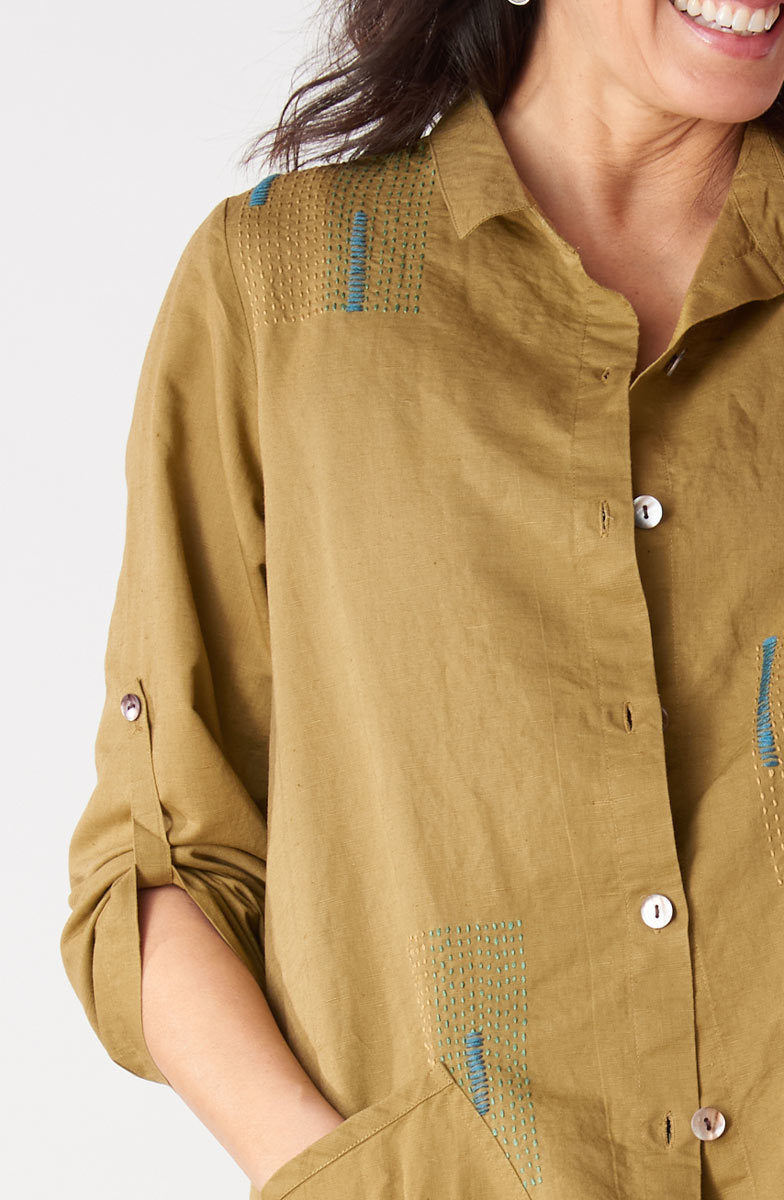 Trishna Linen Cotton Roll-Sleeve Shirt Jacket - Algae green