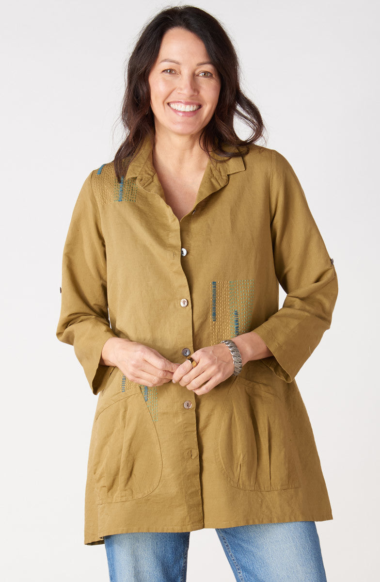 Trishna Linen Cotton Roll-Sleeve Shirt Jacket - Algae green