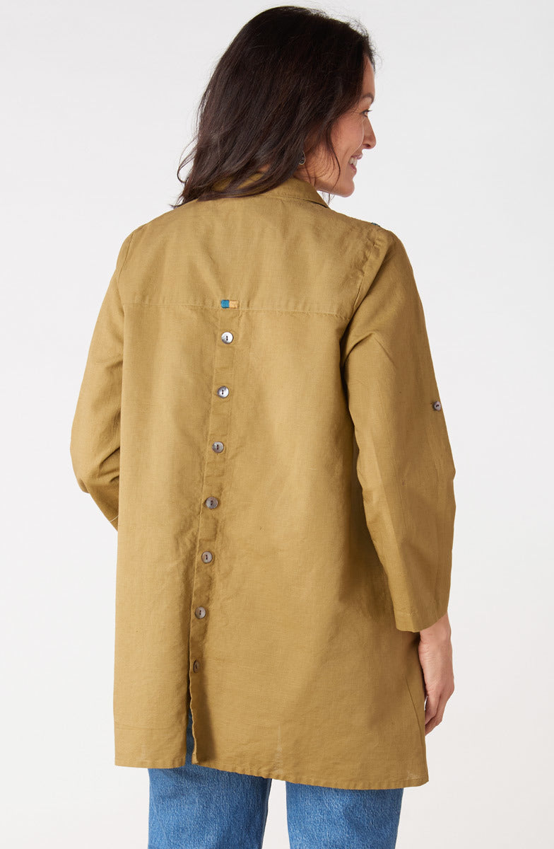 Trishna Linen Cotton Roll-Sleeve Shirt Jacket - Algae green