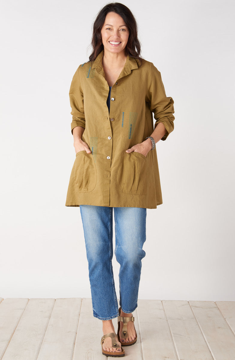 Trishna Linen Cotton Roll-Sleeve Shirt Jacket - Algae green