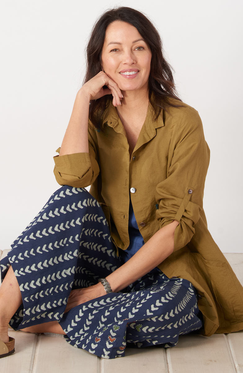 Trishna Linen Cotton Roll-Sleeve Shirt Jacket - Algae green