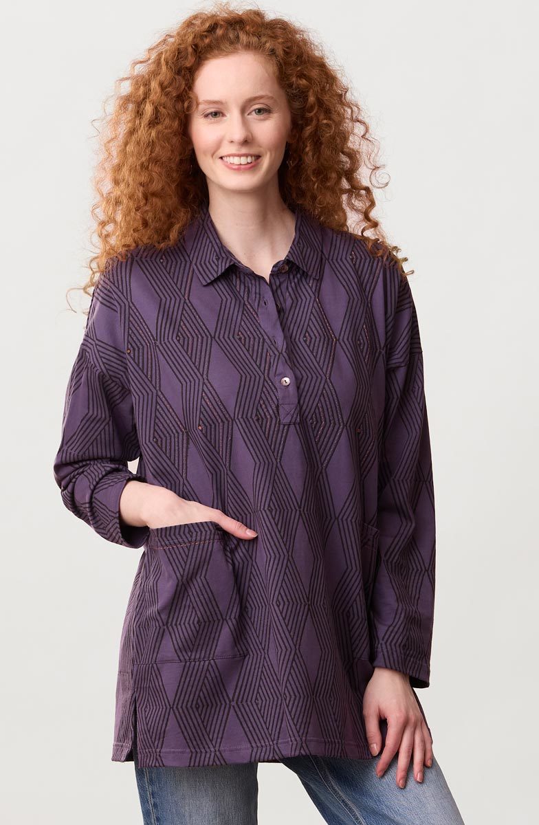 Malati Organic Cotton Jersey Oversized Collared Tunic - Aubergine