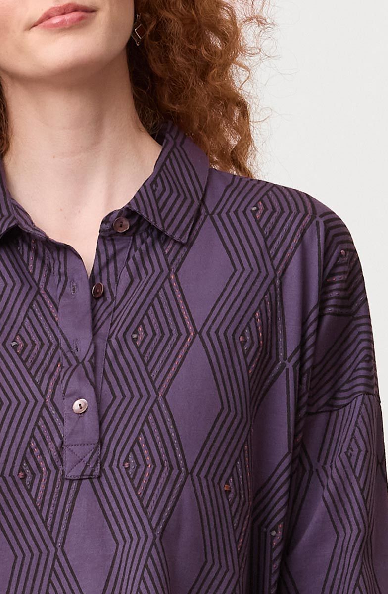 Malati Organic Cotton Jersey Oversized Collared Tunic - Aubergine
