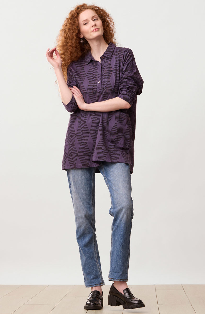 Malati Organic Cotton Jersey Oversized Collared Tunic - Aubergine