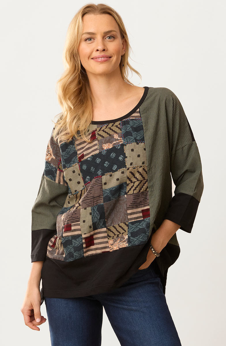 Nasima Upcycled Patchwork Oversized Boxy Tee - Herb/Black/Multi