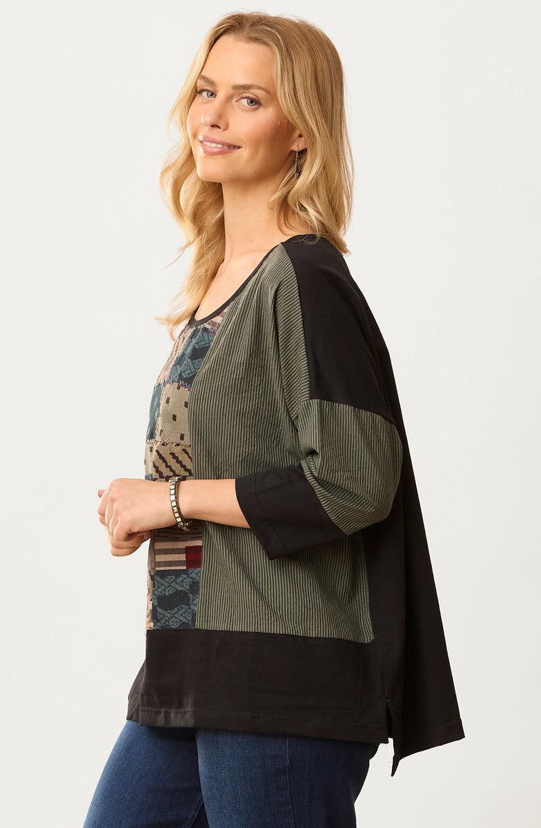 Nasima Upcycled Patchwork Oversized Boxy Tee - Herb/Black/Multi