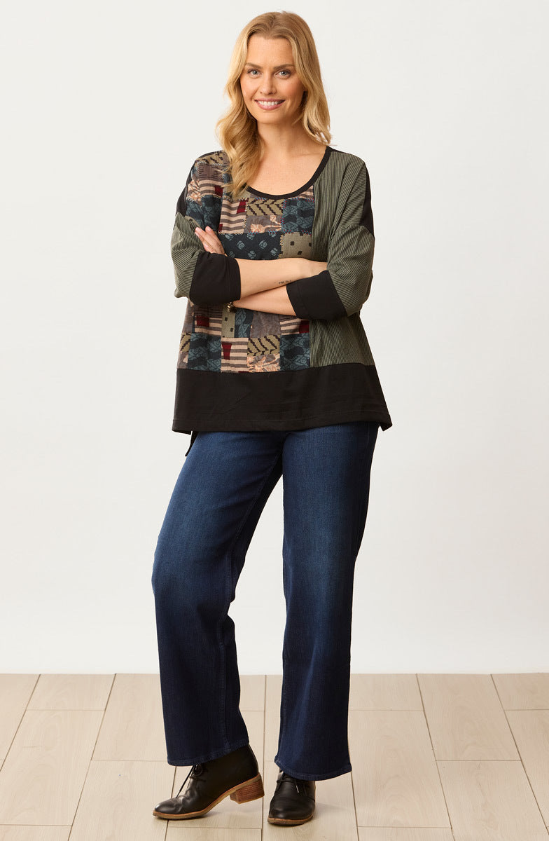 Nasima Upcycled Patchwork Oversized Boxy Tee - Herb/Black/Multi