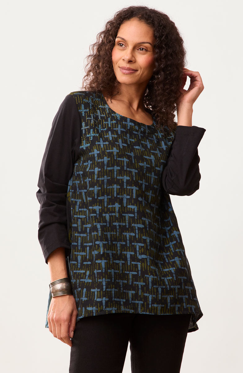 Shona Mix Media Long-Sleeve Top - Charcoal/Multi