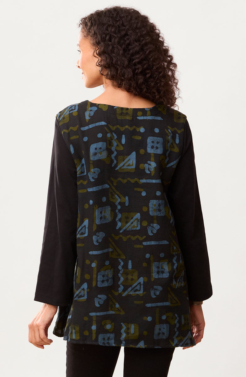 Shona Mix Media Long-Sleeve Top - Charcoal/Multi