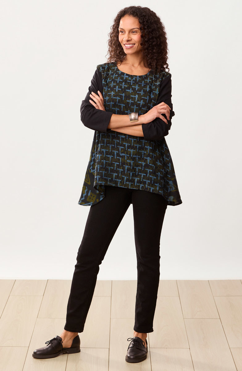 Shona Mix Media Long-Sleeve Top - Charcoal/Multi