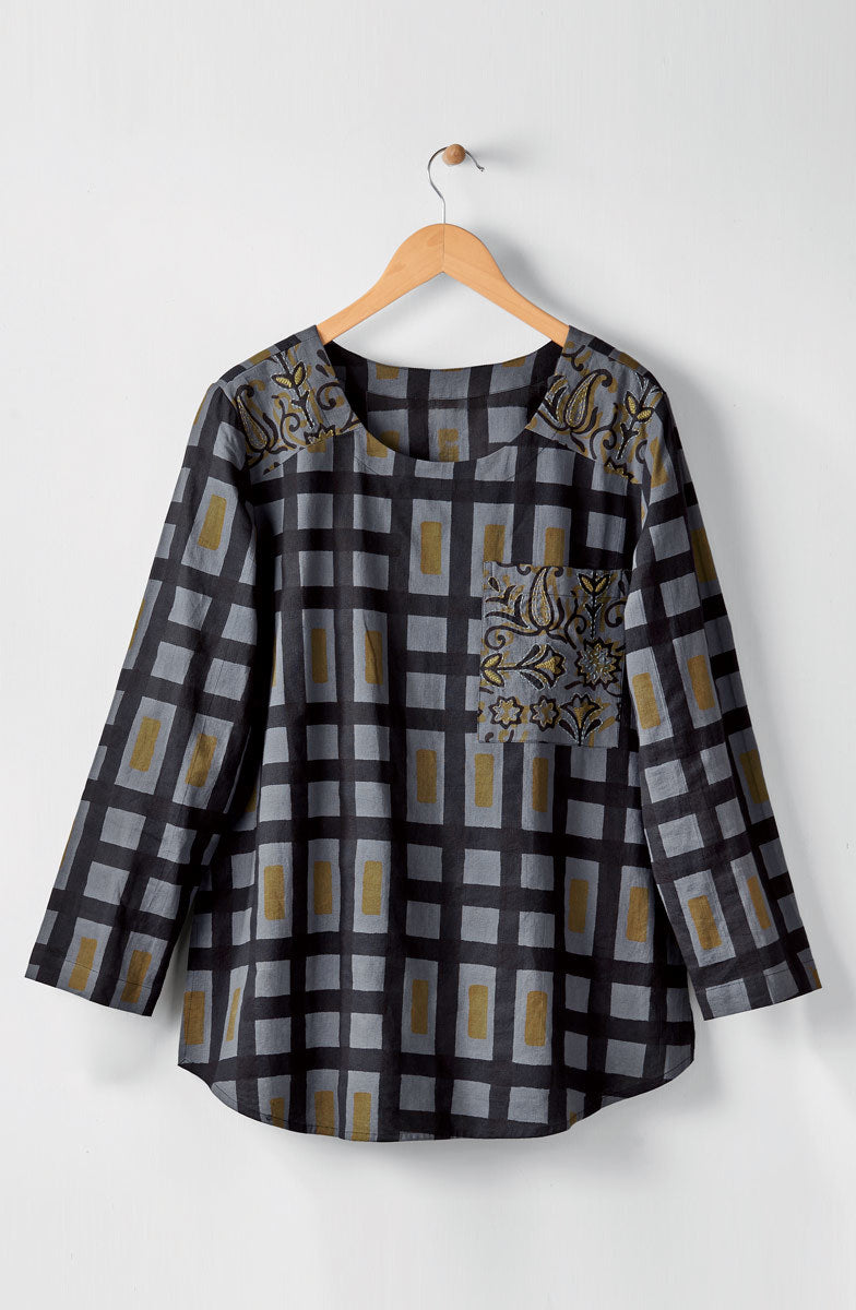 Divya Long-Sleeve Popover Top - Blue/Grey