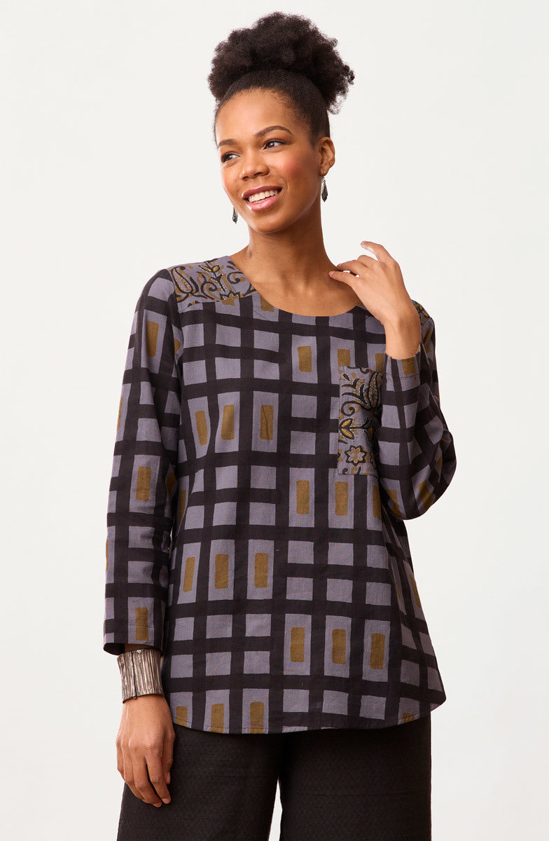 Divya Long-Sleeve Popover Top - Blue/Grey