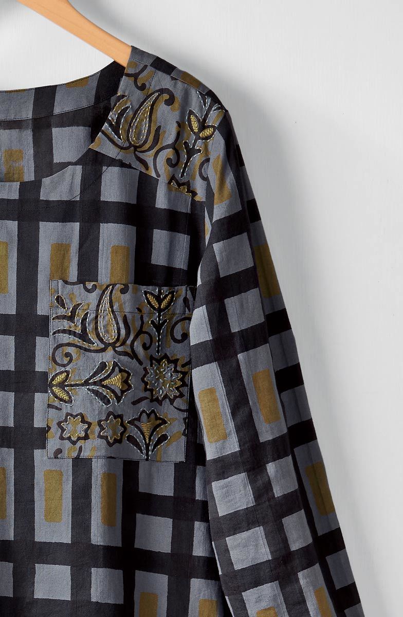 Divya Long-Sleeve Popover Top - Blue/Grey