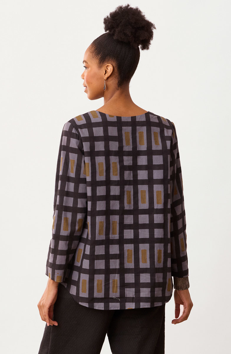Divya Long-Sleeve Popover Top - Blue/Grey