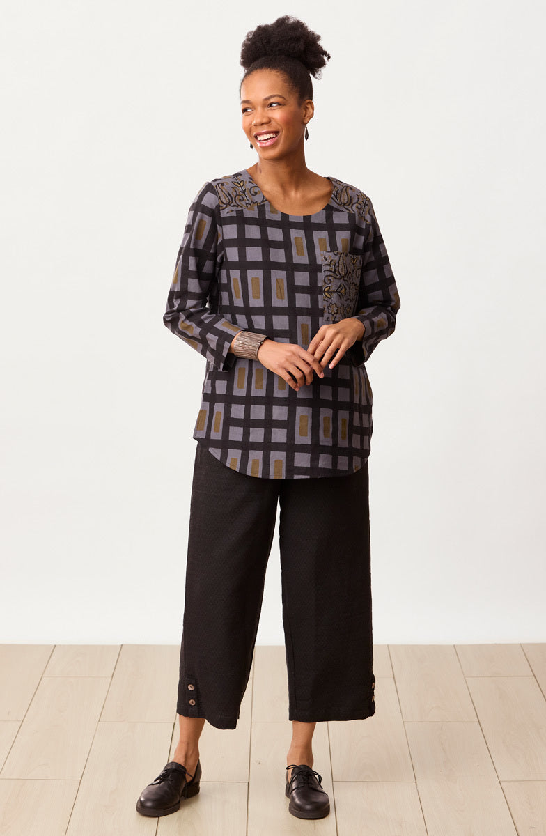 Divya Long-Sleeve Popover Top - Blue/Grey