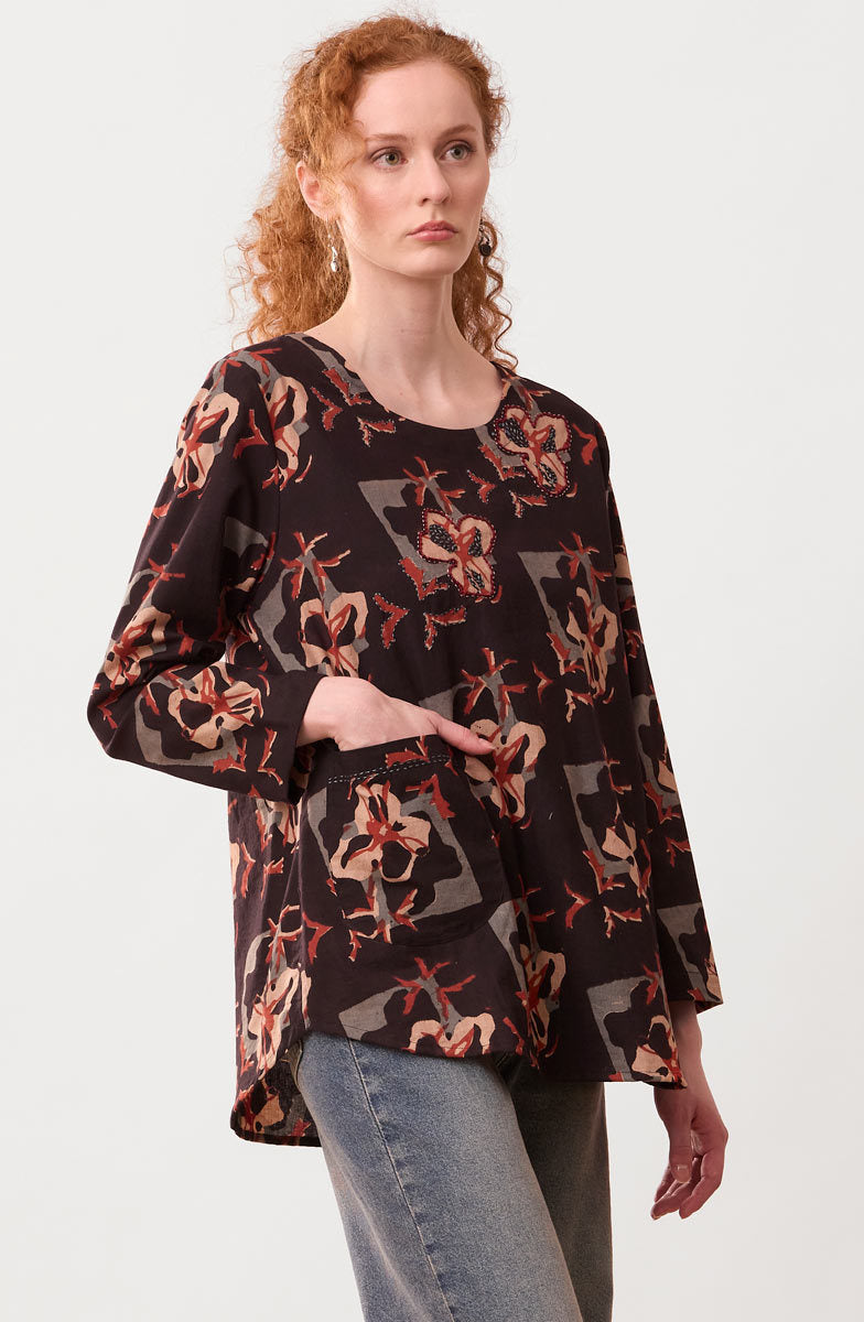 Divya Long-Sleeve Popover Top - Black/Multi