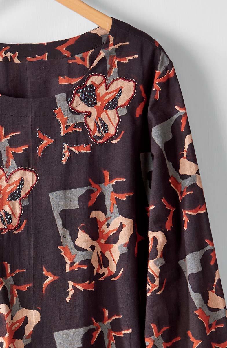 Divya Long-Sleeve Popover Top - Black/Multi