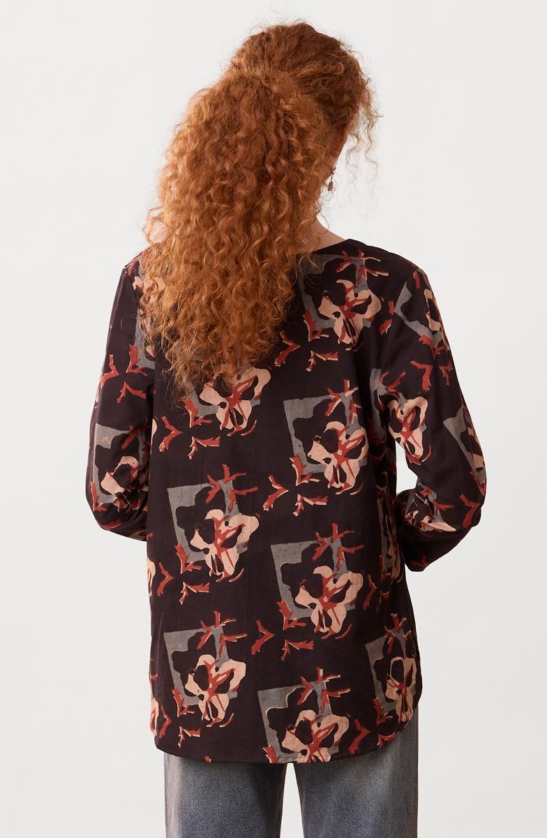 Divya Long-Sleeve Popover Top - Black/Multi