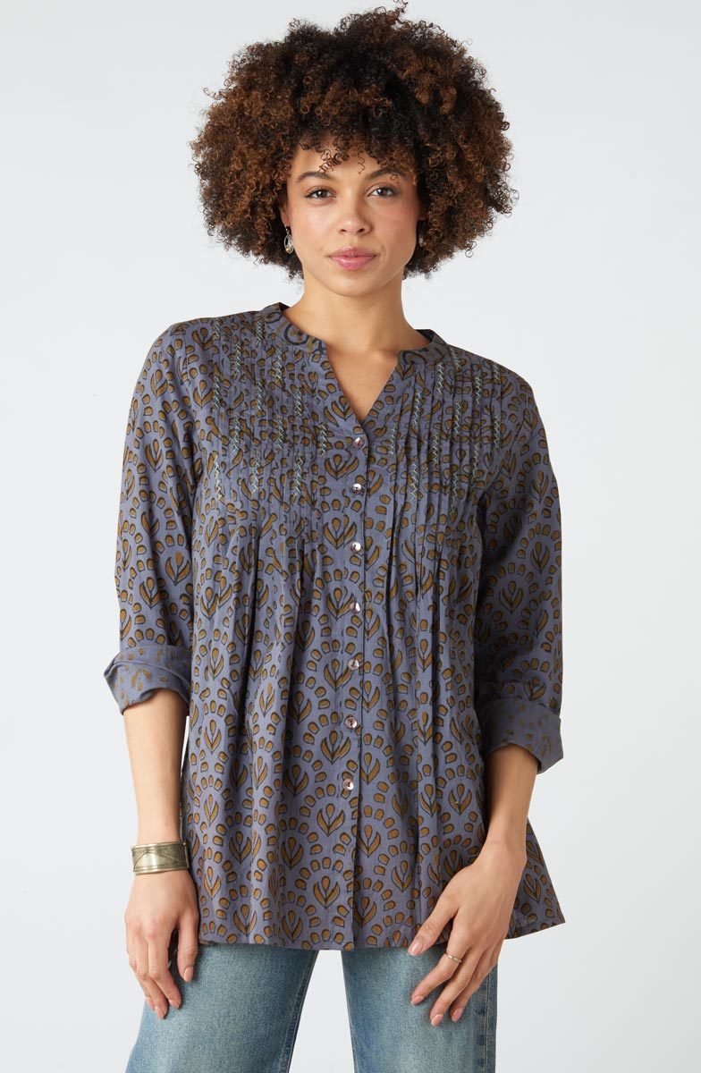 Vaishali Pleated Button-Down Tunic - Blue/Grey