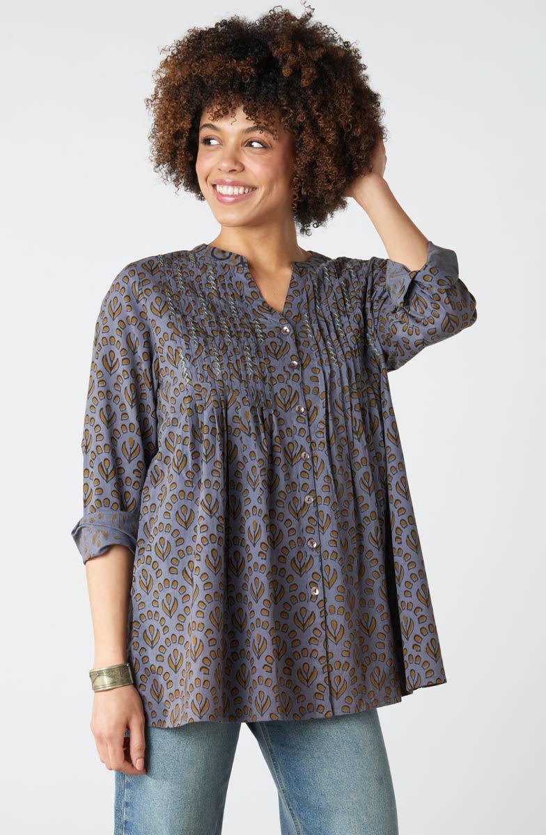 Vaishali Pleated Button-Down Tunic - Blue/Grey