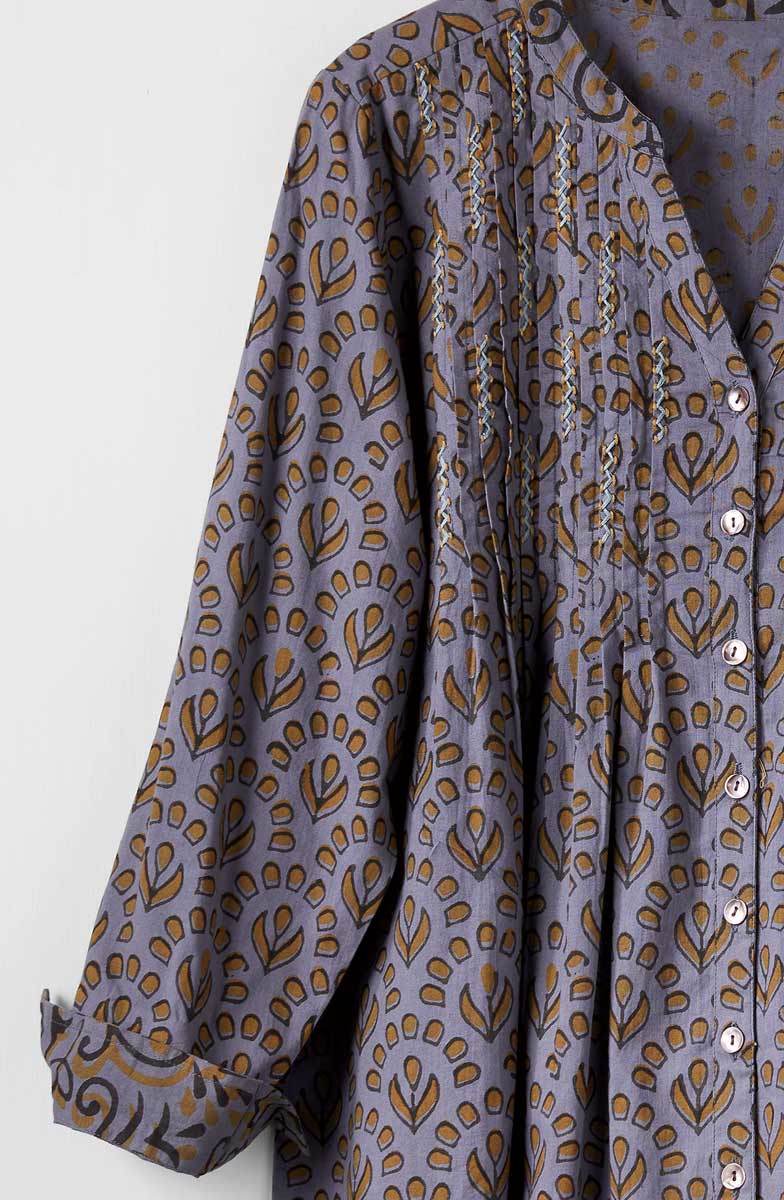 Vaishali Pleated Button-Down Tunic - Blue/Grey