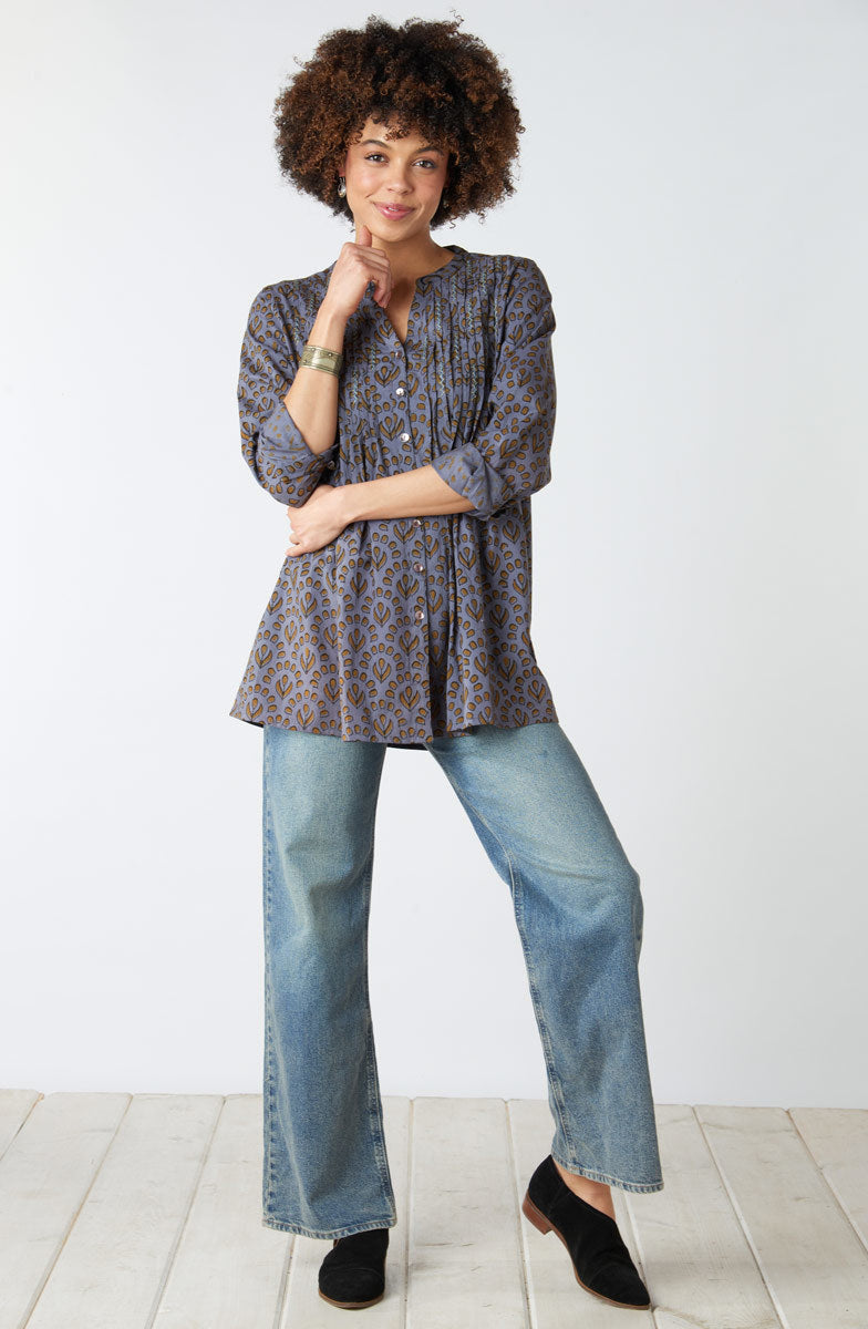 Vaishali Pleated Button-Down Tunic - Blue/Grey