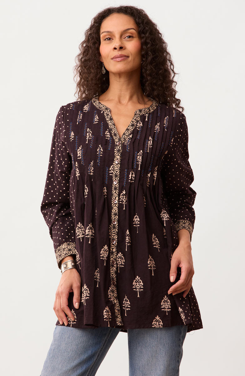 Vaishali Pleated Button-Down Tunic - Black/Natural
