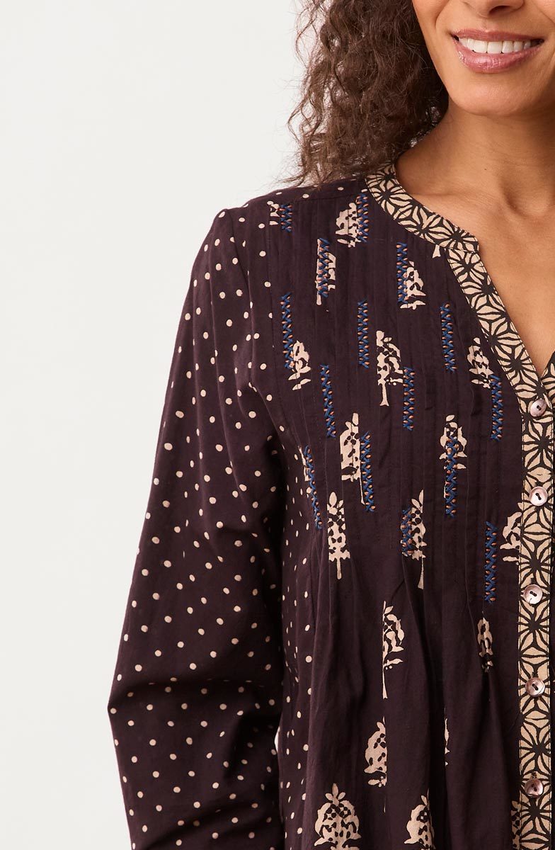 Vaishali Pleated Button-Down Tunic - Black/Natural