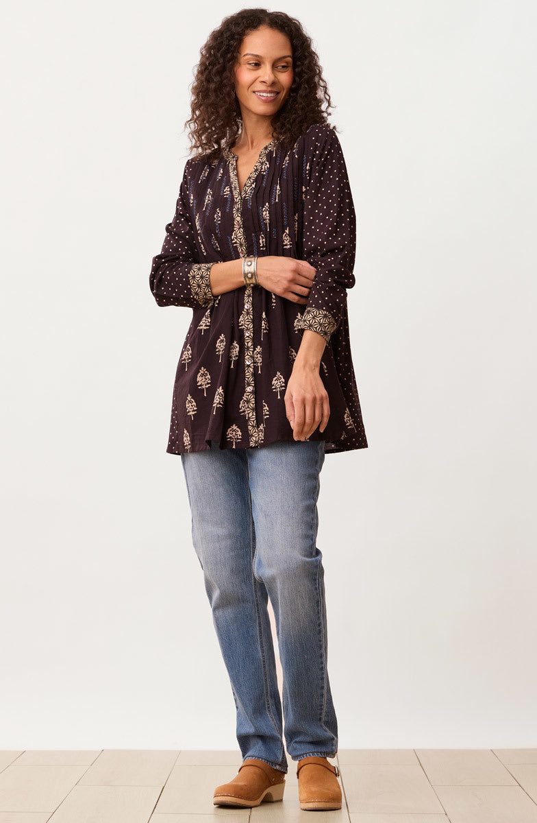 Vaishali Pleated Button-Down Tunic - Black/Natural