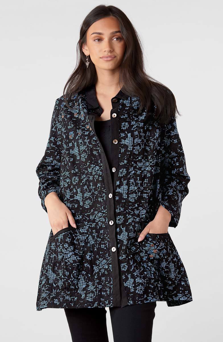 Trishna Block Print Roll-Sleeve Shirt Jacket - Mineral blue
