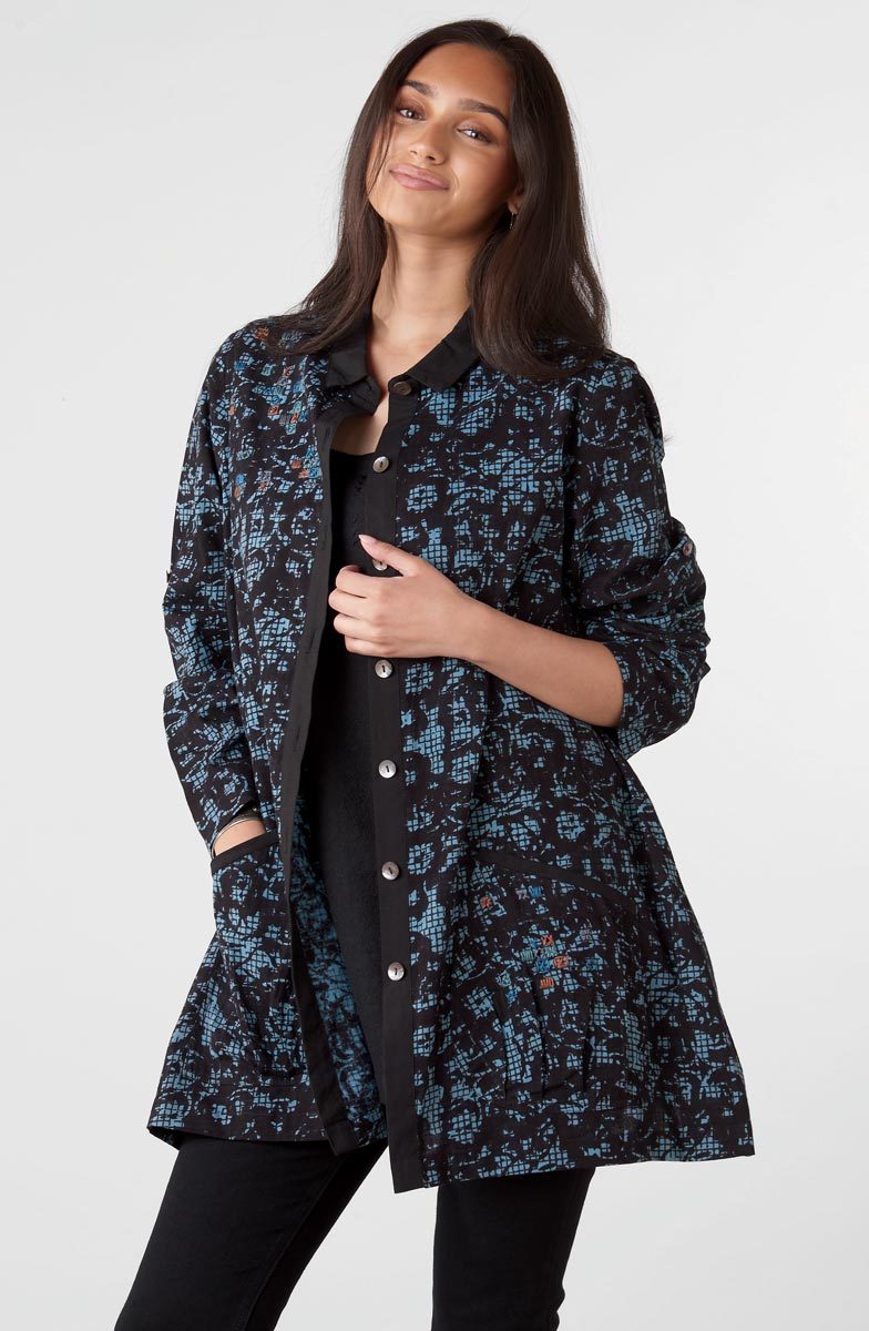 Trishna Block Print Roll-Sleeve Shirt Jacket - Mineral blue