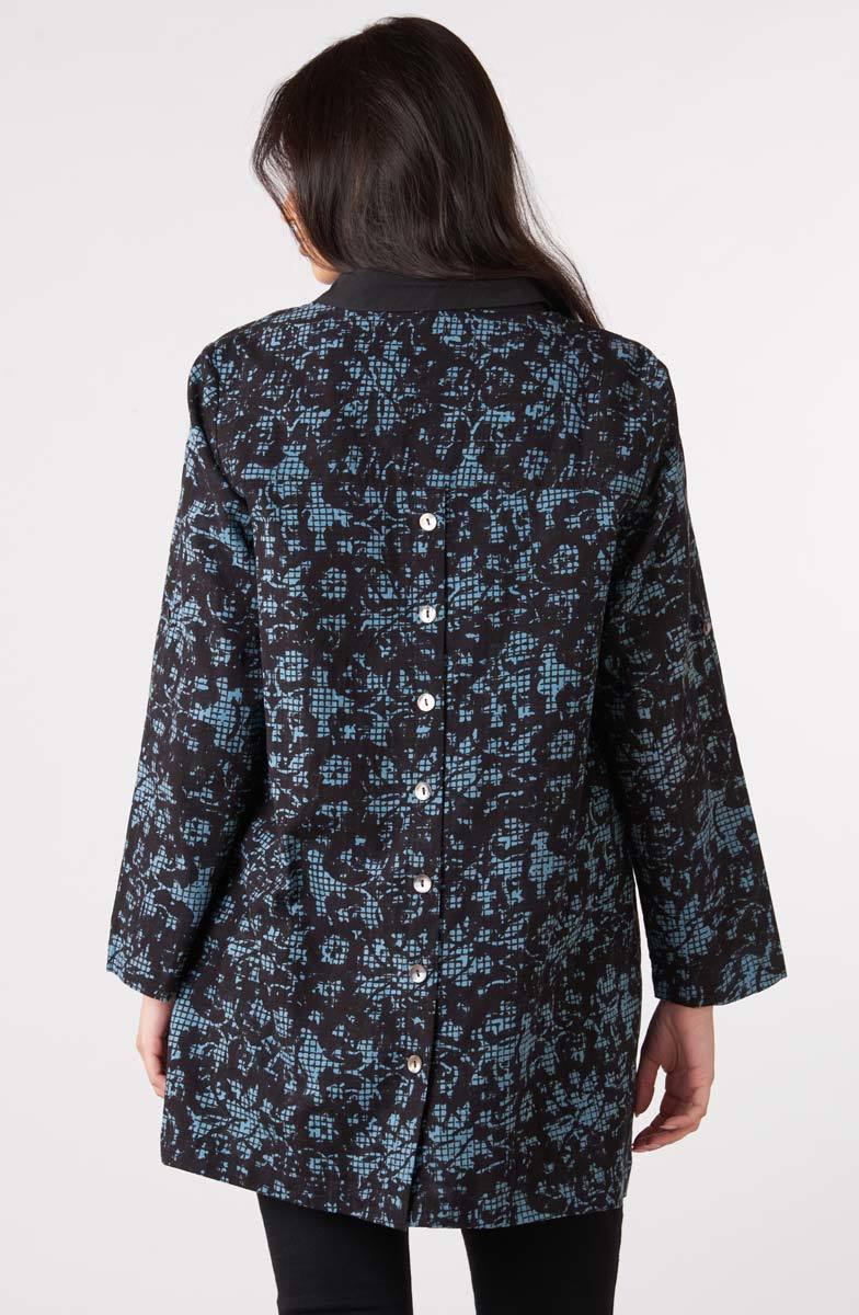 Trishna Block Print Roll-Sleeve Shirt Jacket - Mineral blue